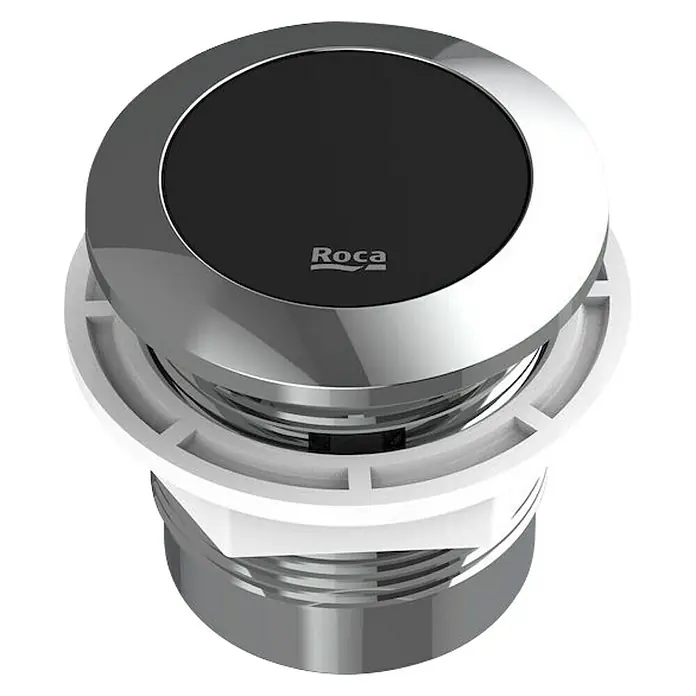 Roca Pack de WC Teras Rimless Touchless - Sin borde de descarga, Salida dual, Blanco - Botón de descarga Roca: Elegante placa de accionamiento cromo/negro, diseño elegante para baños modernos. Artesanía de alta calidad.