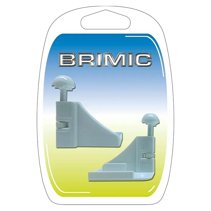 Micel Set de ganchos para mosquiteras - Blanco, 2 ud. - Imagen de un producto BRIMIC. Muestra un producto de color blanco dentro de un embalaje transparente con fondo azul y amarillo.