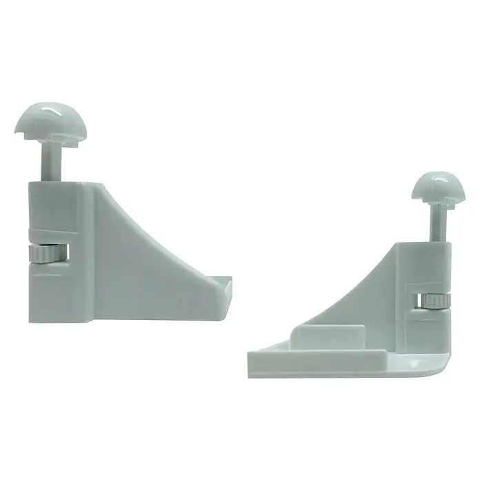 Micel Set de ganchos para mosquiteras - Blanco, 2 ud. - Dos soportes blancos de plástico para armarios con un botón de ajuste y un cabezal redondeado, sobre fondo negro para montaje.