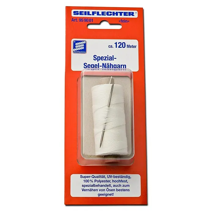Seilflechter Hilo de costura - 120 m, Blanco - Un hilo rojo de Seilflechter con una aguja y aprox. 120 metros de hilo de vela especial hecho de 100% poliéster para la mejor calidad.