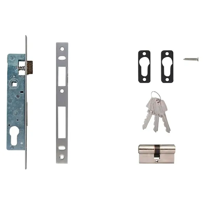 Tesa Assa Abloy Cerradura de embutir de puerta de entrada 2210D - 25 mm - En la imagen se muestra un juego de cerraduras para puerta que incluye una cerradura de embutir, bocallave, llaves, bombín.
