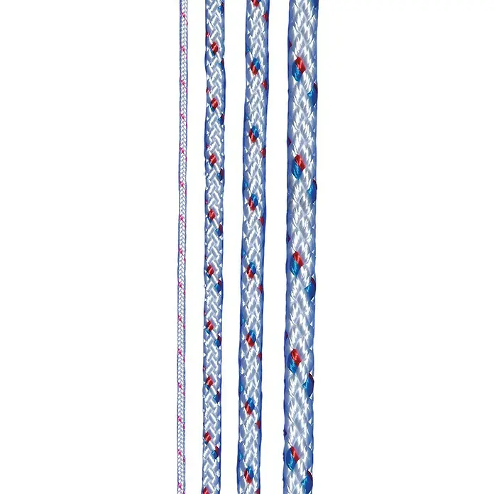 Seilflechter Cabo a metros Birolen - Diámetro: 4 mm, Poliéster, Blanco/Azul - Primer plano de cuatro trozos de cuerda de diferentes grosores que se complementan en colores y patrón.