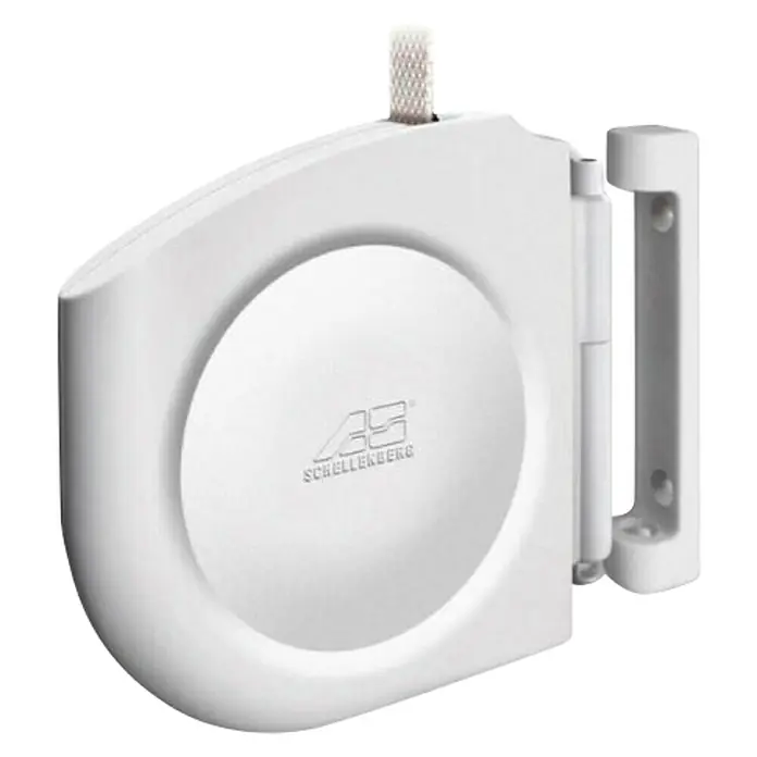 Recogedor de cinta de persiana - Anchura de la correa: 14 mm - Imagen del producto del enrollador de cinta Mini Schellenberg, un enrollador de cinta blanco compacto para persianas enrollables con el logotipo de Schellenberg.