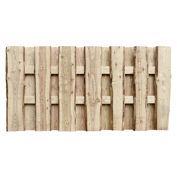 T & J Sichtschutzelement Jütland - B x H: 180 x 90 cm, Natur - Nahaufnahme einer Holzpalette, die die Textur und Maserung des Holzes sowie die Konstruktionsdetails hervorhebt.
