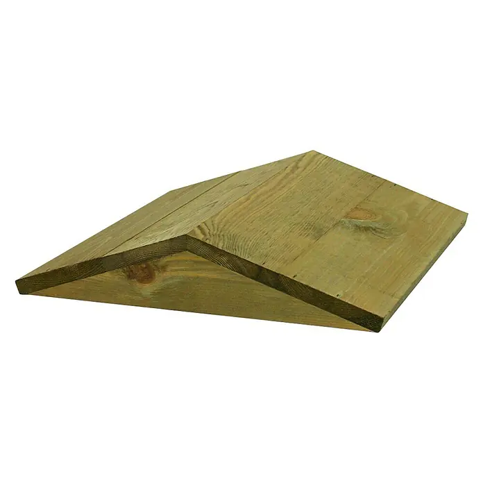 T & J Vogelhaus - 17 x 36 x 36 cm, Holz, Grünlich - Nahaufnahme eines Holzprodukts, das wie ein kleines Dach geformt ist, mit deutlichen Holzmaserungen und einer rustikalen Textur.
