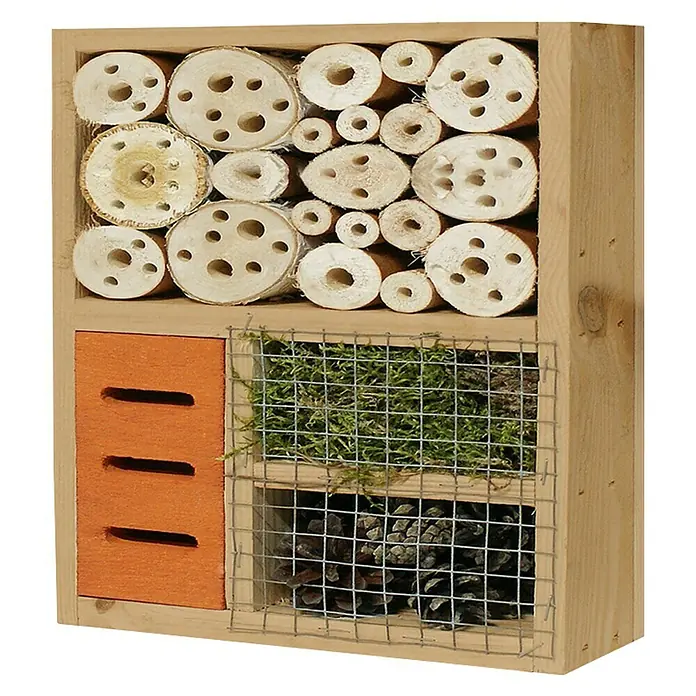 T & J Insektenhotel Labo - 12 x 36 x 36 cm, Holz, Hellbraun - Holz-Insektenhotel mit verschiedenen Füllmaterialien wie Holzscheiben, Ziegeln, Moos und Tannenzapfen.