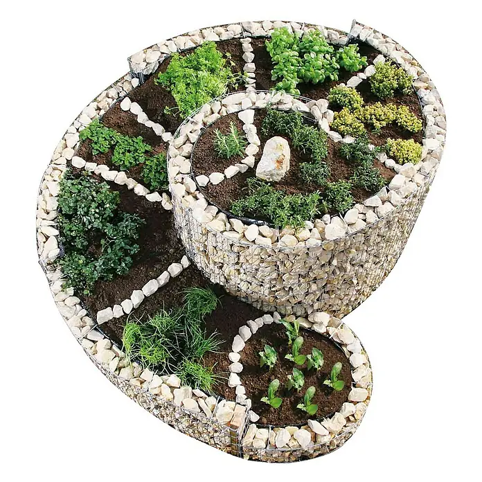 Bellissa Gabionen-Kräuterspirale - 150 x 200 x 80 cm, Stahl, Fassungsvermögen Erde: 1.350 kg - Kräuterspirale aus Gabionen mit verschiedenen Kräutern bepflanzt. Ein dekoratives und praktisches Element für jeden Garten.
