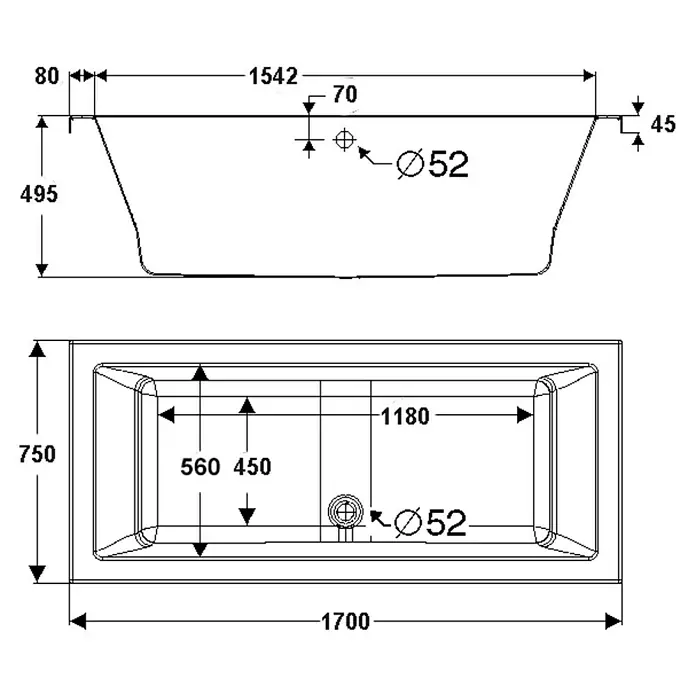 Ottofond Badewanne Atlas - 170 x 75 cm, Sanitäracryl, Weiß - Technische Zeichnung einer rechteckigen Badewanne mit den Maßen 1700x750 mm und einem Durchmesser des Abflusses von 52 mm.