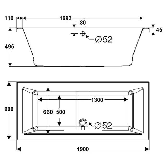 Ottofond Badewanne Atlas - 190 x 90 cm, Sanitäracryl, Weiß - Skizze einer rechteckigen Badewanne mit Maßen, Draufsicht und Seitenansicht für Installationsdetails.