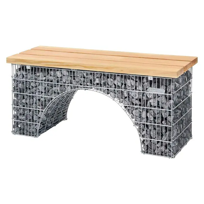 Bellissa Gartenbank-Gabione Arco - L x B x H: 125 x 45 x 54 cm - Diese stilvolle Gartenbank verfügt über ein Holztablett und ein Gabionengestell gefüllt mit grauen Steinen. Sie wird eine schöne Ergänzung für jeden Garten sein.