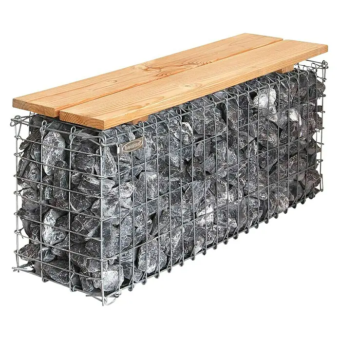 Bellissa Gabionenbank - 100 x 30 x 46 cm, Metall, Maschenbreite: 50 mm, Maschenhöhe: 100 mm - Eine Gabionenbank mit Holzauflage. Die Bank besteht aus einem Drahtkorb gefüllt mit Steinen und einer Sitzfläche aus zwei Holzbrettern.