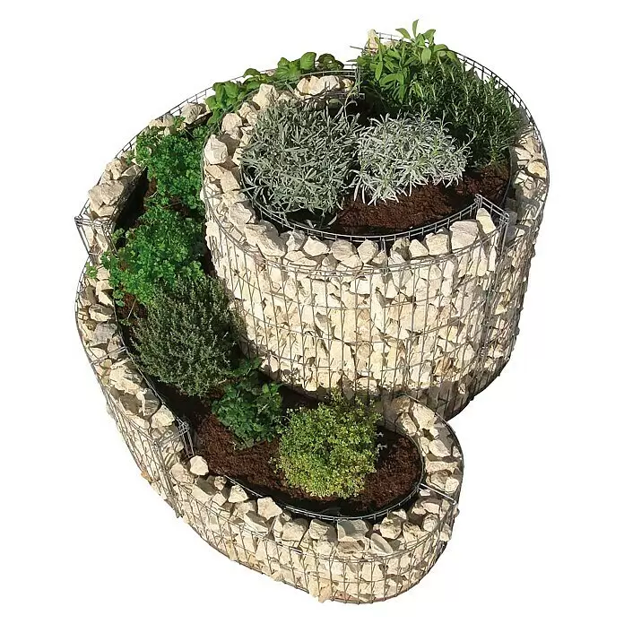 Bellissa Gabionen-Kräuterspirale - 90 x 110 x 60 cm, Stahl, Fassungsvermögen Erde: 200 kg - Kräuterspirale aus Gabionen, Drahtgeflecht gefüllt mit hellen Steinen, bepflanzt mit verschiedenen grünen Kräutern.