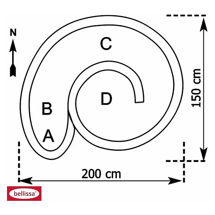 Bellissa Gabionen-Kräuterspirale - 150 x 200 x 80 cm, Stahl, Fassungsvermögen Erde: 1.350 kg - Skizze eines Bellissa Hochbeets mit den Maßen 200 x 150 cm und den Bereichen A, B, C und D zur besseren Orientierung beim Aufbau.