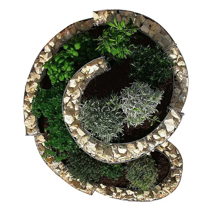 Bellissa Gabionen-Kräuterspirale - 90 x 110 x 60 cm, Stahl, Fassungsvermögen Erde: 200 kg - Kräuterspirale aus Gabionen mit verschiedenen Kräutern. Der spiralförmige Kräutergarten ist mit Steinen und Metallgitter eingefasst.