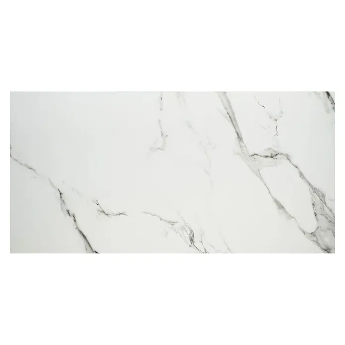Feinsteinzeugfliese Marmi Statuario120 x 240 cm, Weiß, Glänzend - Detailaufnahme einer eleganten Marmorplatte mit feinen grauen Maserungen auf weißem Grund, ideal für stilvolle Innenräume.
