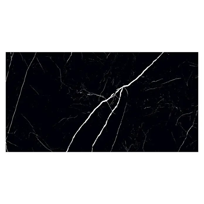 Feinsteinzeugfliese Black Marble - 120 x 240 cm, Schwarz, Glänzend - Schwarze Marmorfliese mit weißen Adern. Elegantes Design für moderne Innenräume, ideal für Bodenbeläge und Wandverkleidungen.