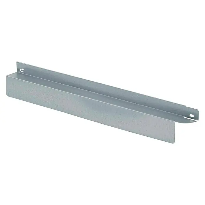 Bellissa Rasenkante Comfort - 59 x 9 cm, Metall, Verzinkt, Mähkante - Aufnahme-Schiene, ein graues Metallprofil, das zur Befestigung und Stabilisierung von Bauteilen verwendet wird, im Detail.