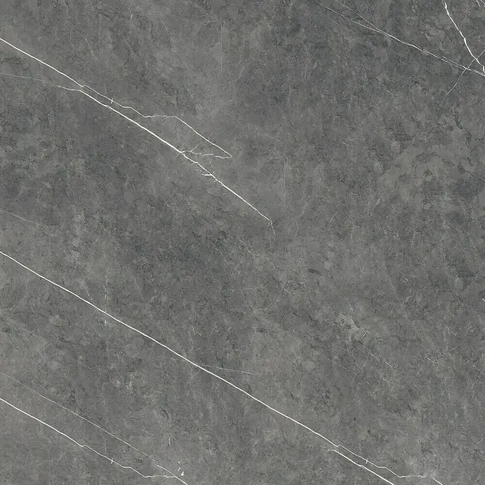 Feinsteinzeugfliese Ciana Mist - 120 x 120 cm, Anthrazit, Glänzend - Graue Marmorplatte mit hellen Adern. Elegantes Design für stilvolle Innenräume mit einzigartiger Marmorstruktur für besondere Akzente.