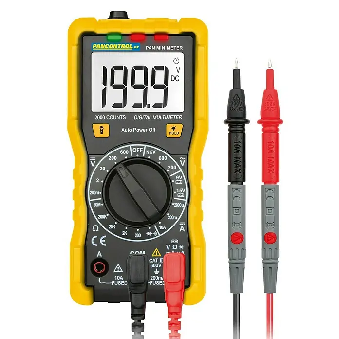 Pancontrol Kontaktloser Spannungsprüfer Digital-Multimeter PAN Minimeter-2 - Messbereich Wechselspannung: 0,1 V - 600 V, Messbereich Gleichstrom: 0,1 µA - 10 A, CAT III 600 V - Ein gelbes "Pancontrol Pan Minimeter" Digitalmultimeter mit schwarzem und rotem Messkabel vor schwarzem Hintergrund.