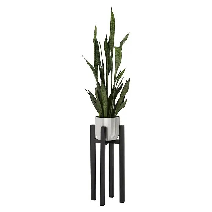 Blumenständer Metall - L x B x H: 25 x 25 x 55 cm - Eine Zimmerpflanze in einem gerippten weißen Topf auf einem modernen schwarzen Ständer, die dem Raum einen Hauch von Eleganz verleiht.