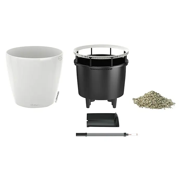 Lechuza Classico Pflanztopf Premium LSAußenmaß (Ø x H): 22 x 20 cm, Kunststoff, Weiß Hochglanz - Produktabbildung: Der LECHUZA-CUBICO Color 30 in Weiß, ein Pflanzgefäß mit Bewässerungssystem und Zubehör für ein gesundes Pflanzenwachstum.