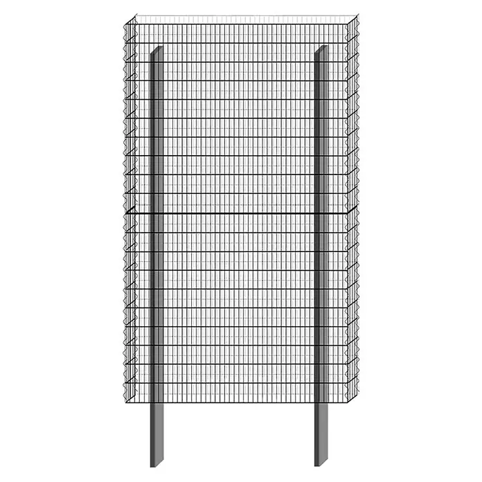 Bellissa Gabione BP-4 Grundbausatz Paravento117,8 x 12 x 201 cm, Stahl, Maschenbreite: 25 mm, Maschenhöhe: 100 mm - Ansicht eines Gabionen-Zaunelements mit zwei Stützen. Der Gabionenzaun ist mit Steinen befüllt und bietet eine robuste, stilvolle Lösung für den Garten.