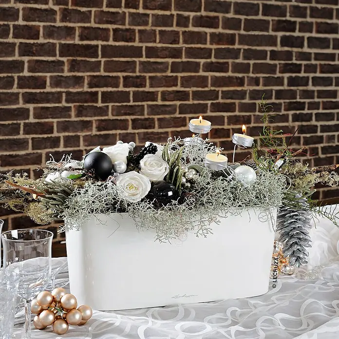Lechuza Pflanzkasten Delta - Außenmaß (L x B x H): 40 x 15 x 18 cm, Kunststoff, Weiß - Ein weißer LECHUZA-Pflanzkasten mit weihnachtlichem Blumenschmuck, der eine festliche und elegante Atmosphäre verbreitet.