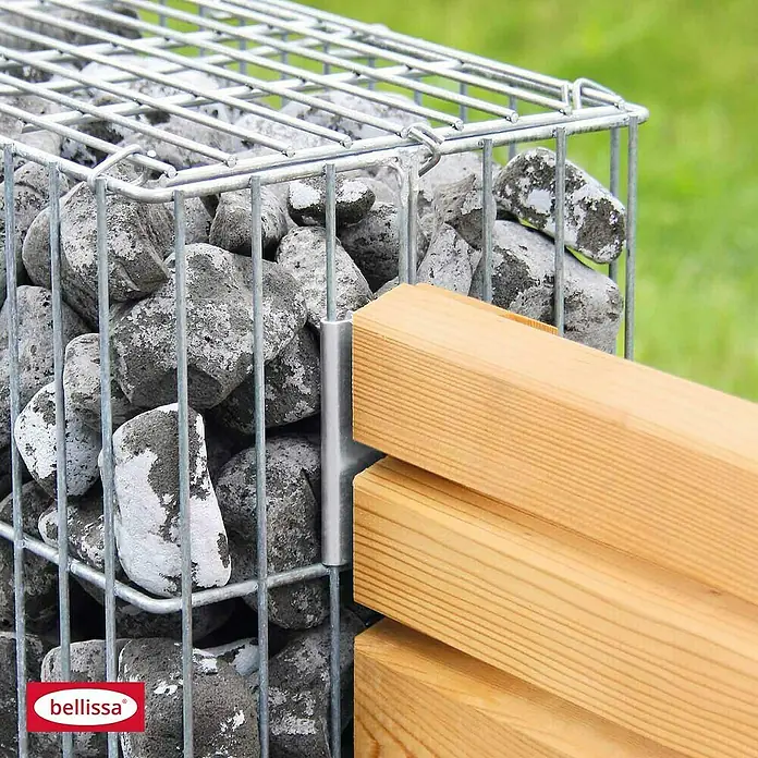 Bellissa Wand- & Pfostenanschlusswinkel - 4,5 x 9,2 cm, Geeignet für: Gabionen - Gabionenzaun mit Holzstruktur und Steinfüllung. Eine stilvolle und robuste Gartengestaltung mit natürlicher Optik, ideal als Sichtschutz oder Dekoration.