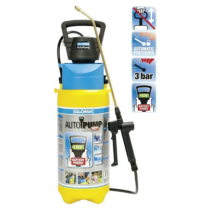 Gloria Drucksprühgerät AutoPump Set mit Batterie-/Akku-Betrieb - 5 l, Mit Tragegurt - Gloria AutoPump SET Drucksprühgerät mit Batterieantrieb für Gartenarbeit.