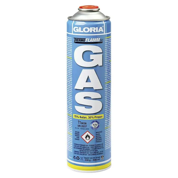 Gloria Thermoflamm bio Gas-Nachfüllkartusche - 600 ml - Produktbild einer Gloria ThermoFlamm Bio Gaskartusche mit Gefahrenhinweisen und Füllmengenangabe auf hellblauem Hintergrund.