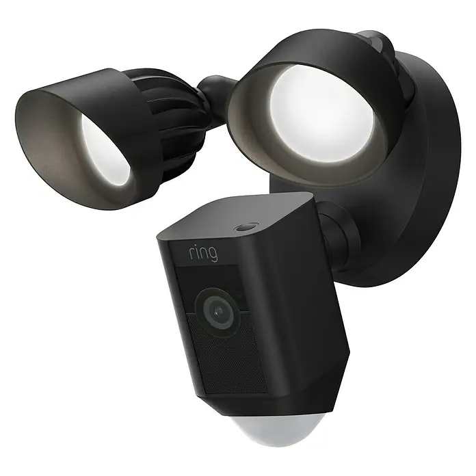 Ring Überwachungskamera Flutlicht Plus Kabel - Netzbetrieben, 1.920 x 1.080 Pixel (Full HD), Schwarz - Schwarze Ring Floodlight Kamera mit zwei Scheinwerfern. Das Gerät ist für den Außenbereich konzipiert und bietet Sicherheit.