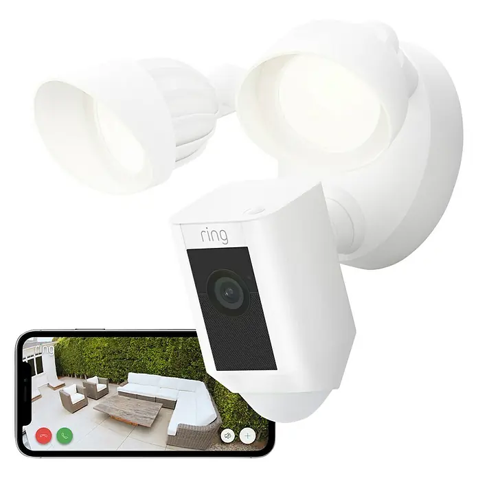 Ring Überwachungskamera Flutlicht Plus Kabel - Netzbetrieben, 1.920 x 1.080 Pixel (Full HD), Weiß - Intelligente Ring Floodlight Cam für den Außenbereich mit Bewegungserkennung und Fernbedienung über eine Smartphone-App.
