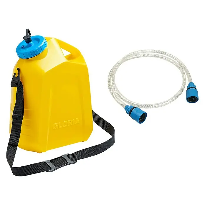 Gloria Power for All 18V Wasserkanister MultiJet Universal - Passend für: Gloria MultiJet 18V, MultiJet 36V und MultiJet 230V - Gelber Gloria Wassersack mit blauem Deckel und einem transparenten Schlauch mit blauen Anschlüssen für den mobilen Einsatz.