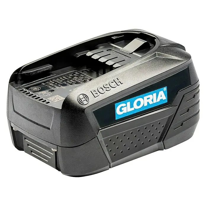 Gloria Power for All 18V Akku Bosch Power for All - 18 V, 4 Ah, Li-Ionen - Akkupack von Bosch Gloria mit "Bosch"-Logo und "Gloria"-Schriftzug auf dunklem Hintergrund.