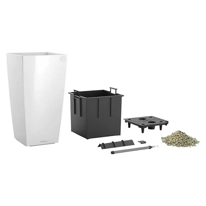 Lechuza Pflanzsäule eckig Cubico Premium - Außenmaß (L x B x H): 29,5 x 29,5 x 56,5 cm, Kunststoff, Weiß, Hochglänzend - Ein weißer Pflanztopf mit Zubehör wie einem Einsatz, einer Bodenplatte und Tongranulat für eine optimale Pflanzenpflege.
