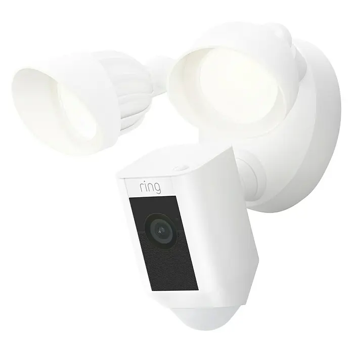 Ring Cámara de vigilancia Floodlight Cam Plus con cable - Blanco, Ángulo de detección: 140 ° - La Ring Floodlight Cam proporciona seguridad con video HD, luces activadas por movimiento y una sirena. Monitorea tu casa en tiempo real.