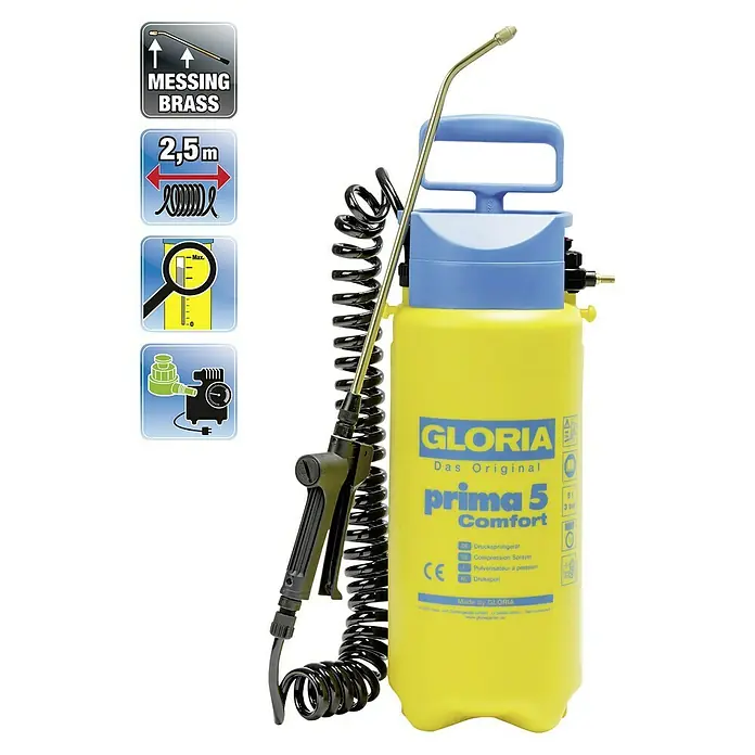 Gloria Drucksprühgerät Prima 5 Comfort - 5 l - Gloria Prima 5 Comfort Drucksprühgerät mit Messingdüse, 2,5m Schlauch und Füllstandsanzeige für Garten und Pflanzenpflege.
