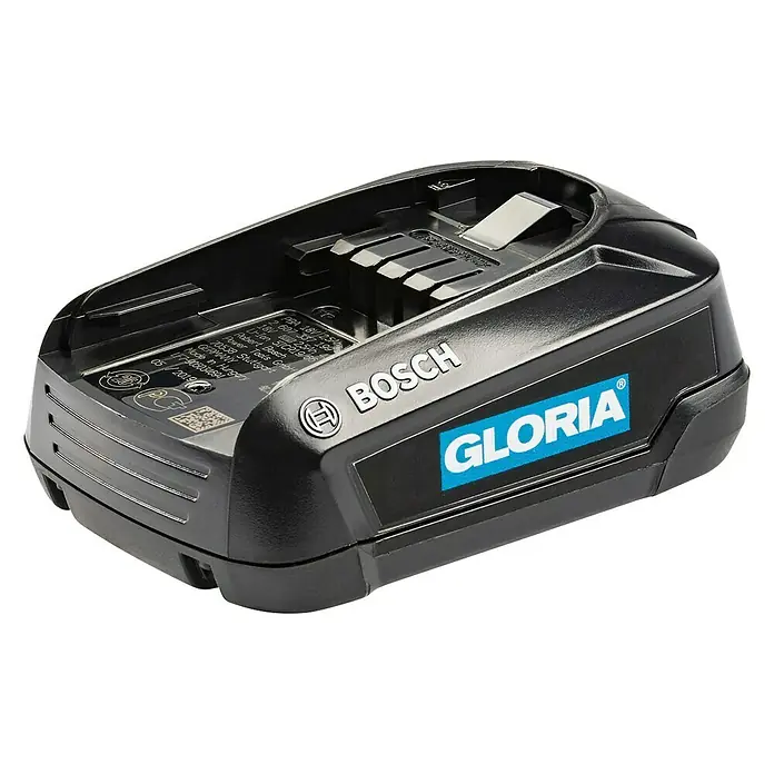 Gloria Power for All 18V Akku Bosch Power for All - 18 V, 2,5 Ah, Li-Ionen - Abbildung eines Bosch Gloria Akkus für Gartengeräte. Der Akku ist schwarz und hat ein blaues Gloria Logo.