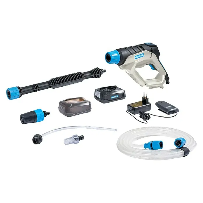 Gloria Power for All 18V Druckreiniger MultiJet - 18 V, Li-Ionen, 1 Akku, Max. Druck: 24,9 bar - Detaillierte Aufnahme eines Gloria Akku-Druckreinigers mit Zubehör wie Düsen, Akkus, Schlauch und Ladegerät auf schwarzem Hintergrund.