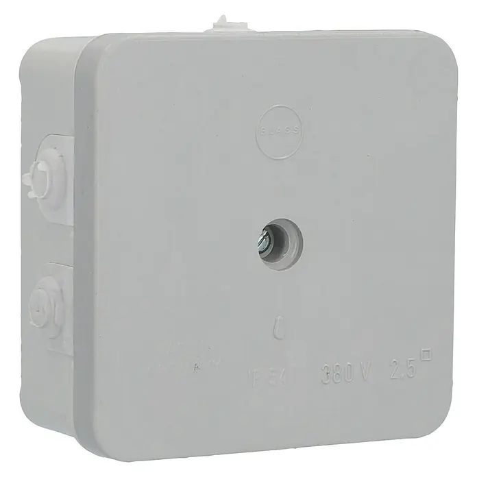 Feuchtraum-Abzweigdose - 72 x 72 x 35 mm, Grau, Aufputzmontage, 1 Stk., IP54 - Nahaufnahme einer Blass-Abzweigdose aus Kunststoff, die mit „IP54 380V 2.5“ gekennzeichnet ist, ideal für Elektroinstallationen im Innenbereich.