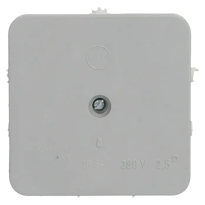 Feuchtraum-Abzweigdose - 72 x 72 x 35 mm, Grau, Aufputzmontage, 1 Stk., IP54 - Nahaufnahme einer grauen Blass-Gerätedose mit Schraube in der Mitte und der Aufschrift "Made in Germany, IP 54, 380 V, 2.5".