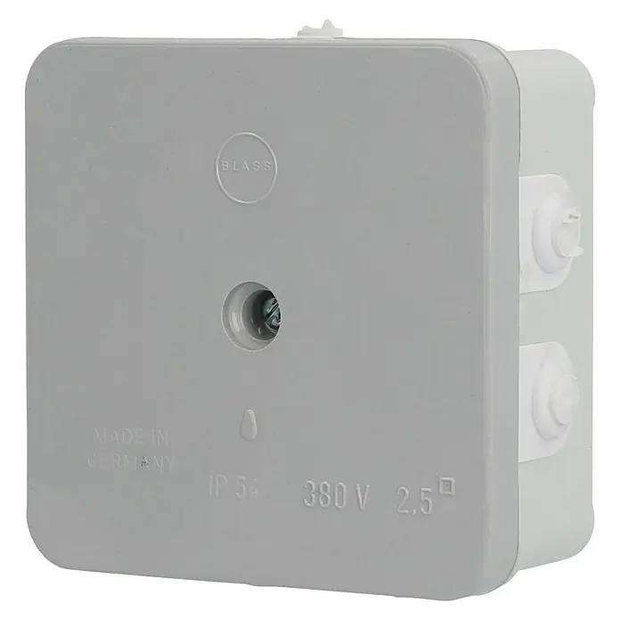Feuchtraum-Abzweigdose - 72 x 72 x 35 mm, Grau, Aufputzmontage, 1 Stk., IP54 - Ein grauer Blass-Aufputzverteiler mit diversen technischen Daten und Hinweisen zur Herkunft. Robuster Kunststoff für anspruchsvolle Umgebungen.