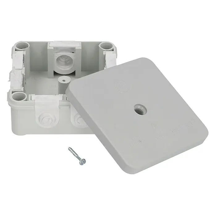 Feuchtraum-Abzweigdose - 72 x 72 x 35 mm, Grau, Aufputzmontage, 1 Stk., IP54 - Das Bild zeigt eine Abzweigdose aus Kunststoff mit Deckel und Schraube, ideal für Elektroinstallationen.