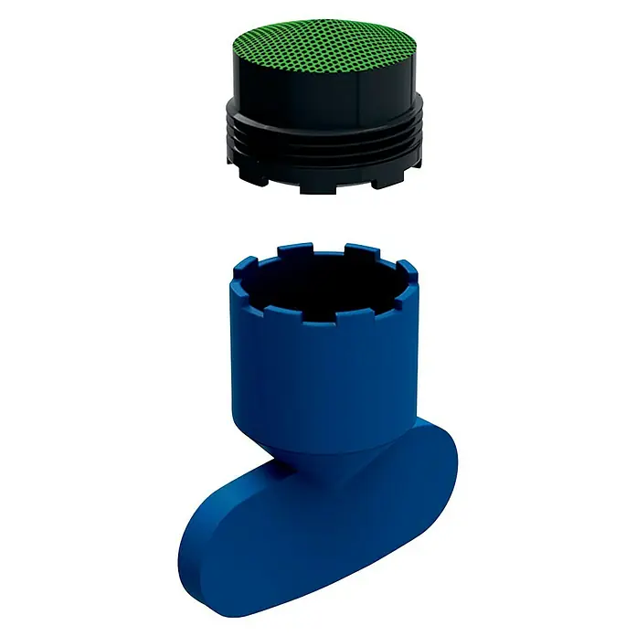 Geberit Strahlregler 599.100.000 - M18,5, 5,7 l/min - Blaue und schwarze Rohrverbindungsstücke, ein grünes Sieb ist auch im Bild enthalten.