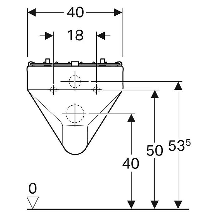 Geberit Ausgussbecken Espital - 40 x 49 cm, Mit schmutzabweisender Glasur, Ohne Überlauf, Weiß - Schemazeichnung des Urinals mit Maßen. Dargestellt sind die Abmessungen: 40, 18, 40, 50 und 53,5 cm, die für die Installation relevant sind.