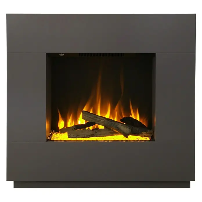 Voltomat HEATING Elektrischer Kamin Kalmar - Grau, 26 x 80 x 76 cm - Ein moderner elektrischer Kamin mit simulierten Flammen und Holzscheiten, ideal für eine gemütliche Atmosphäre.