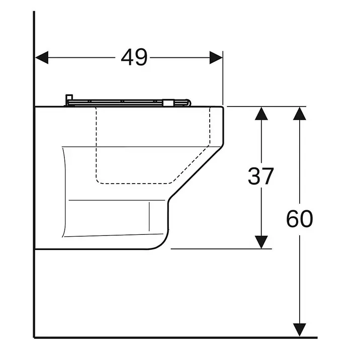 Geberit Ausgussbecken Espital - 40 x 49 cm, Mit schmutzabweisender Glasur, Ohne Überlauf, Weiß - Abmessungen eines wandhängenden WCs mit einer Tiefe von 49 cm und einer Höhe von 60 cm, die Montagehöhe beträgt 37 cm.