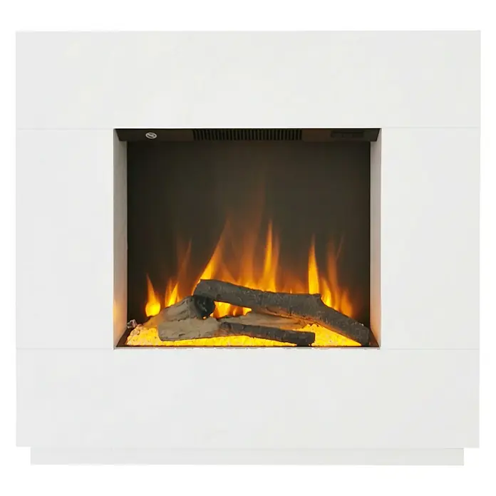 Voltomat HEATING Elektrischer Kamin Kalmar - Weiß, 26 x 80 x 76 cm - Nahaufnahme eines weißen elektrischen Kamins mit simulierten Flammen und Holzscheiten für eine gemütliche Atmosphäre.
