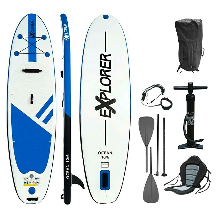 Explorer SUP-Board-Set Ocean 10.6L x B x H: 320 x 84 x 12,7 cm, Nutzlast: 130 kg, Aufblasbar, Blau/Weiß Front View