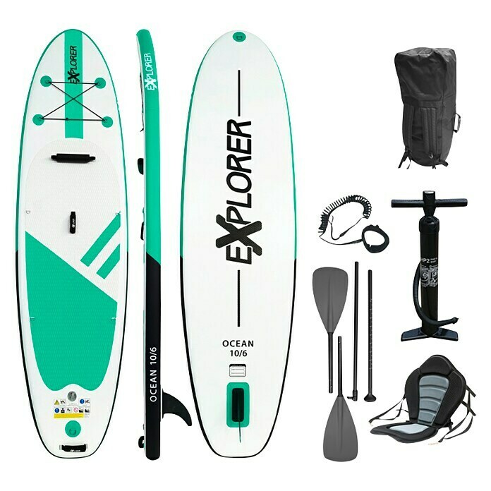 Explorer SUP-Board-Set Ocean 10.6L x B x H: 320 x 84 x 12,7 cm, Nutzlast: 130 kg, Aufblasbar, Grün/Weiß Front View